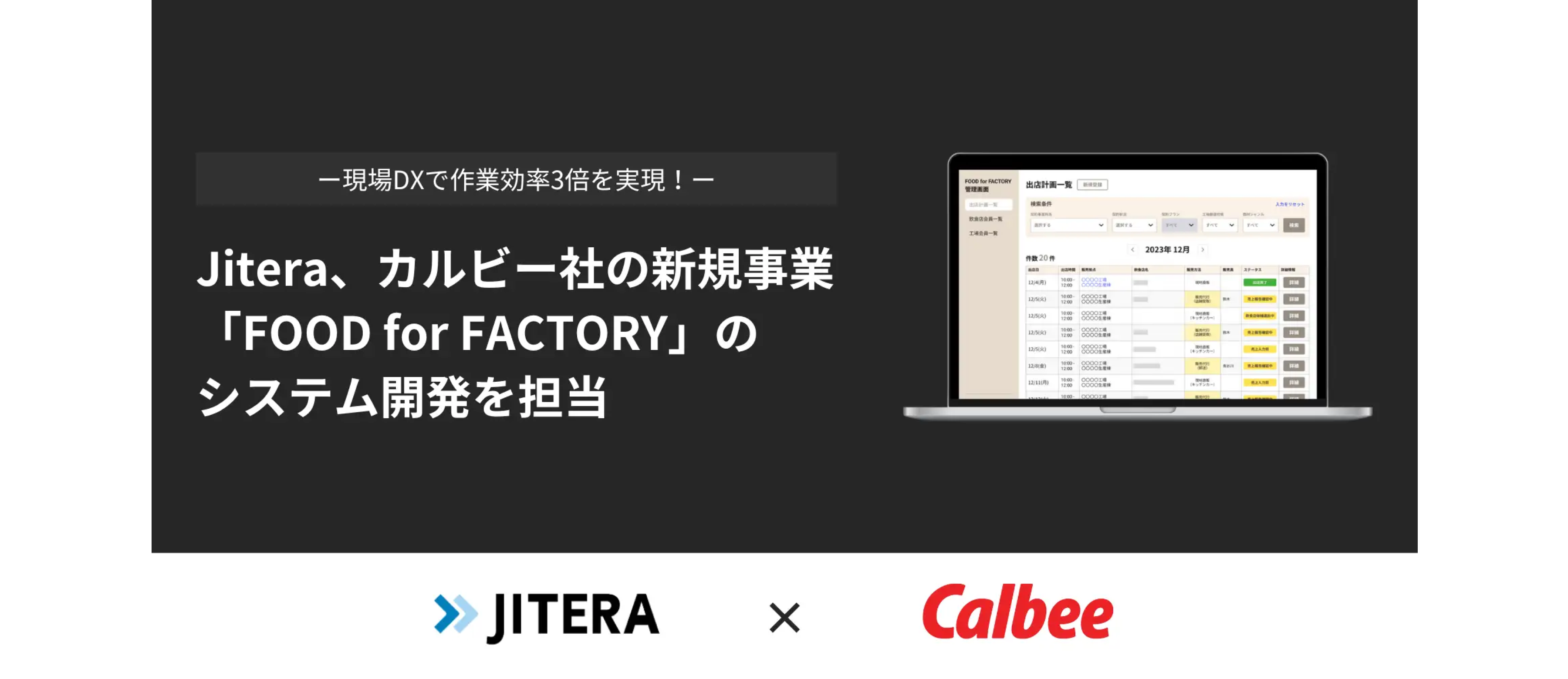 Jitera、食品大手カルビー社の新規事業「FOOD for FACTORY」のシステム開発を担当。現場DXで作業効率3倍を実現。