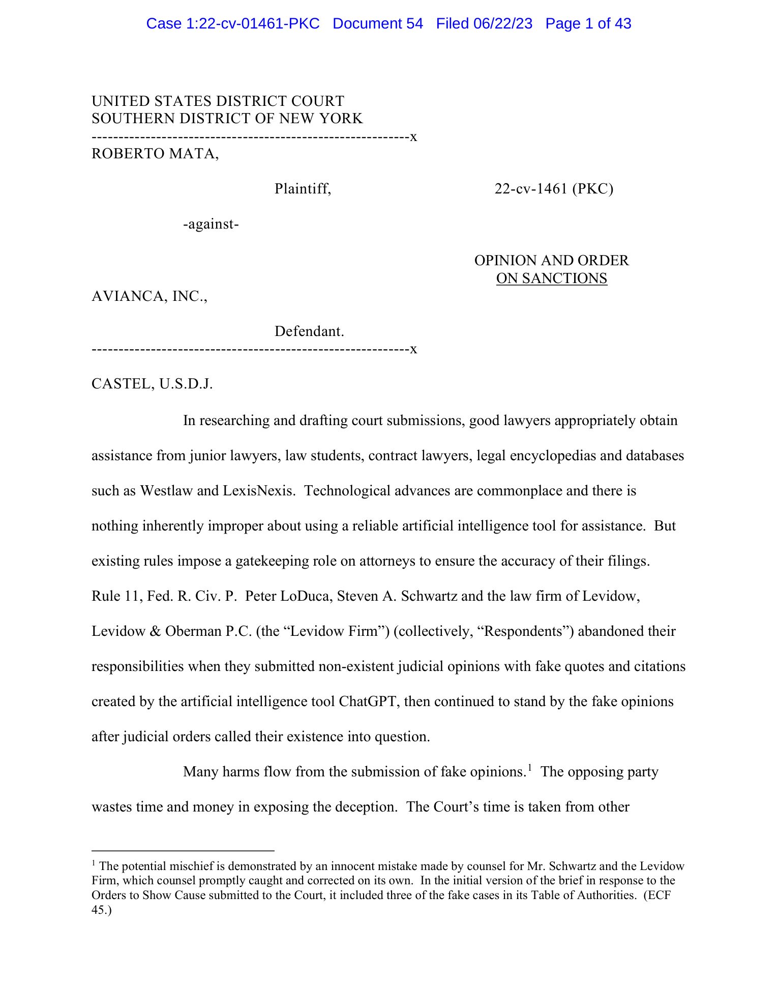 First page of the Opinion and Order on Sanctions in Mata v. Avianca, Inc., Southern District of New York, filed June 22, 2023