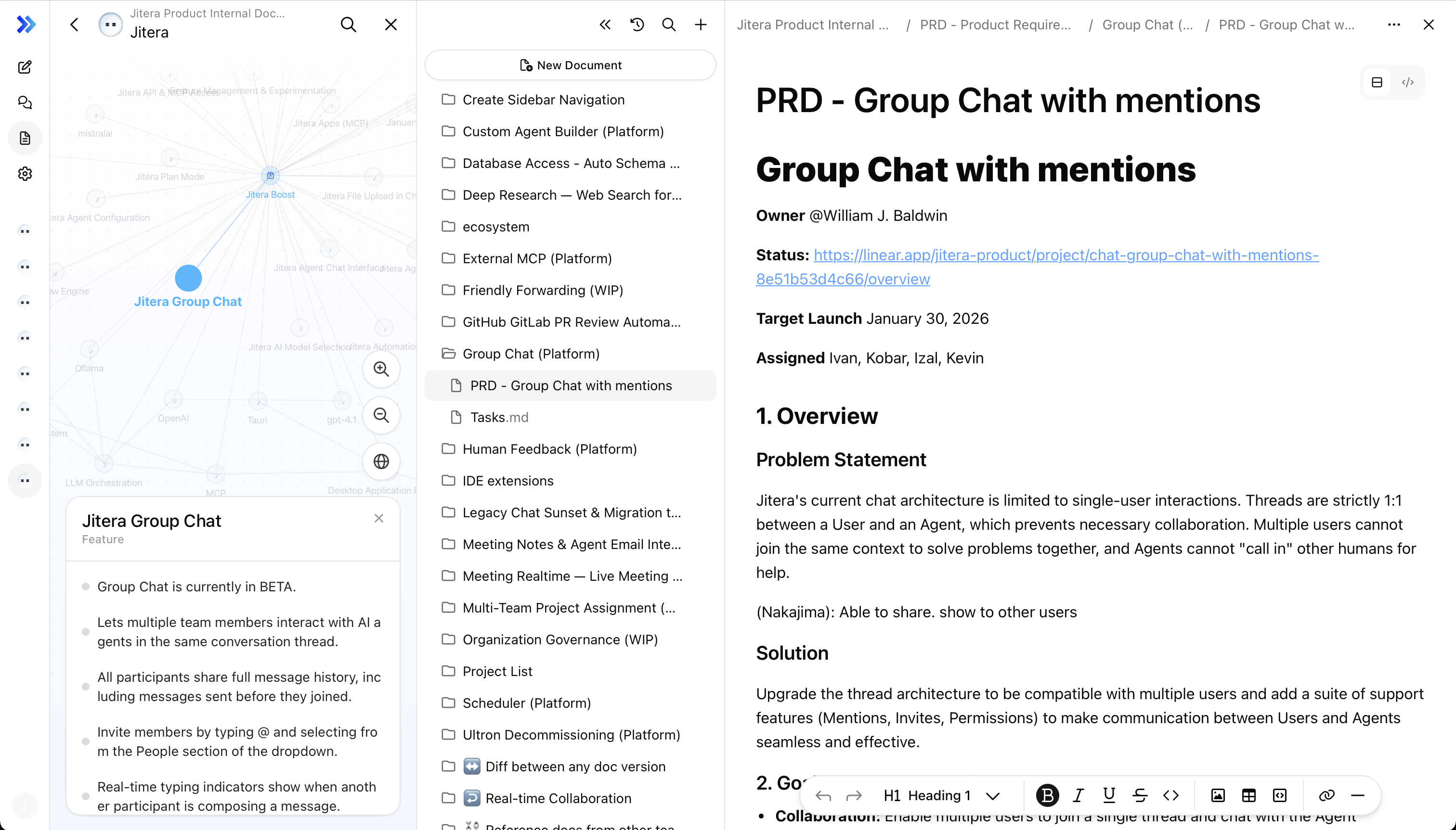 Jitera product screenshot showing the shared AI workspace with team chat and agent responses