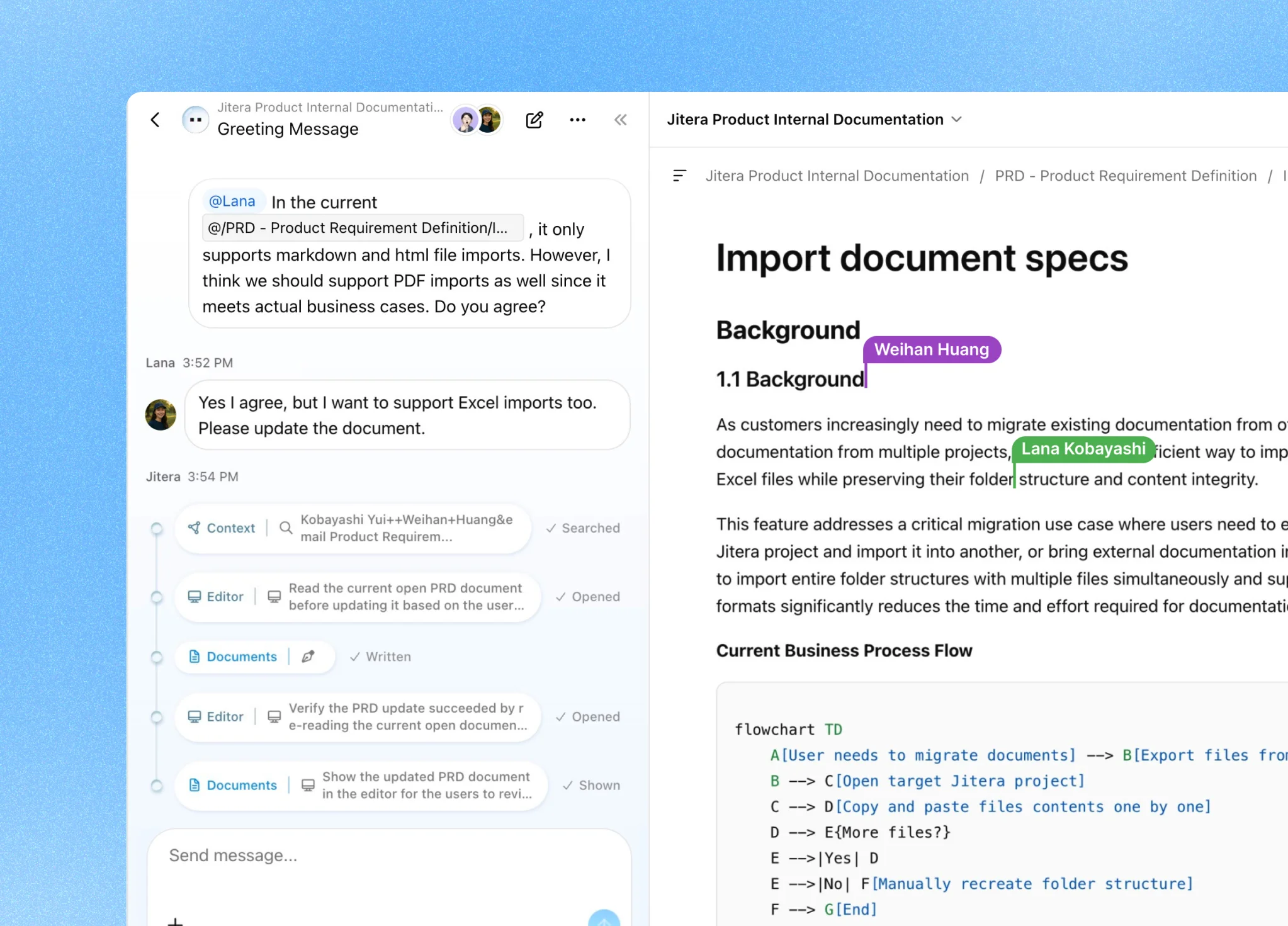 Jitera workspace — real-time collaboration, documents, and group chat with AI agents
